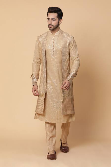Kudrat Couture_Gold Georgette Embroidery Mirror Work Jacket And Kurta Set_at_Aza_Fashions