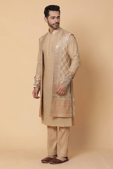Buy_Kudrat Couture_Gold Georgette Embroidery Mirror Work Jacket And Kurta Set