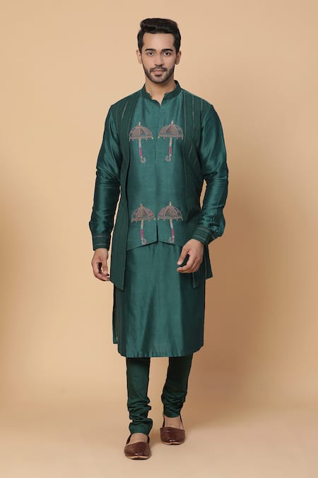Buy_Kudrat Couture_Green Raw Silk Embroidery Resham Umbrella Kurta Set_Online_at_Aza_Fashions
