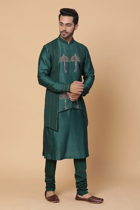 Shop_Kudrat Couture_Green Raw Silk Embroidery Resham Umbrella Kurta Set_Online_at_Aza_Fashions