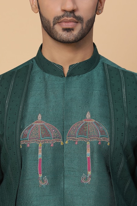 Kudrat Couture_Green Raw Silk Embroidery Resham Umbrella Kurta Set_at_Aza_Fashions