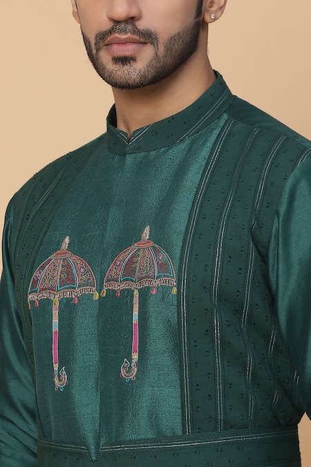 Buy_Kudrat Couture_Green Raw Silk Embroidery Resham Umbrella Kurta Set