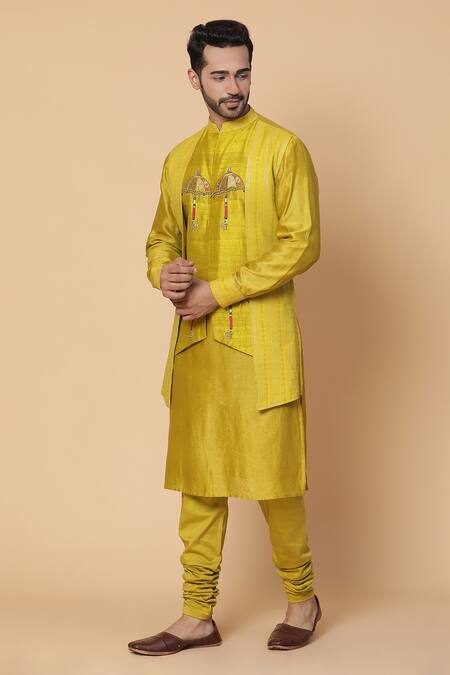 Kudrat Couture_Green Raw Silk Embroidery Resham Kurta Set_Online_at_Aza_Fashions