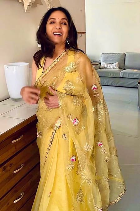 Buy_Aarti Sethia_Yellow Modal Satin Lining Cotton, Gota Embroidered Saree With Blouse 