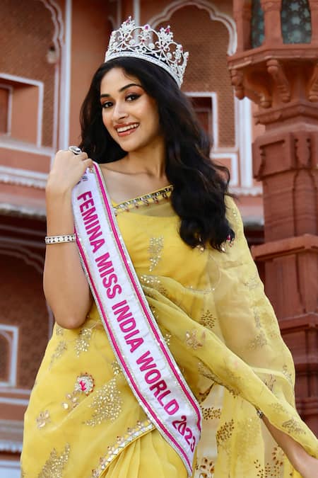 Shop_Aarti Sethia_Yellow Modal Satin Lining Cotton, Gota Embroidered Saree With Blouse 