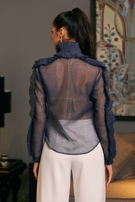 Shop Siddartha Tytler Blue Organza Ruffles Collared Sheer Textured Shirt at Aza Fashions Shop_Siddartha Tytler_Blue Organza Ruffles Collared Sheer Textured Shirt _at_Aza_Fashions