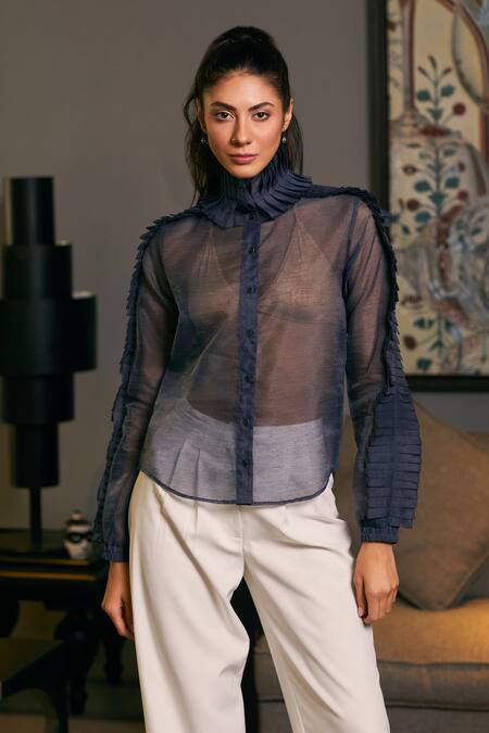 Siddartha Tytler Blue Organza Ruffles Collared Sheer Textured Shirt Online at Aza Fashions Siddartha Tytler_Blue Organza Ruffles Collared Sheer Textured Shirt _Online_at_Aza_Fashions