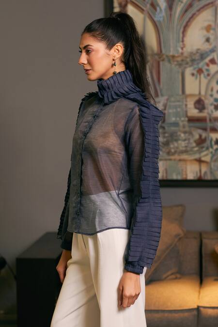 Buy Siddartha Tytler Blue Organza Ruffles Collared Sheer Textured Shirt Online at Aza Fashions Buy_Siddartha Tytler_Blue Organza Ruffles Collared Sheer Textured Shirt _Online_at_Aza_Fashions