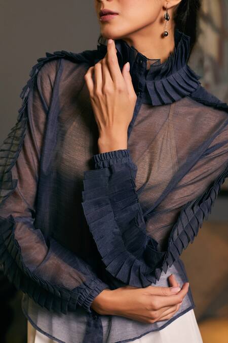 Shop Siddartha Tytler Blue Organza Ruffles Collared Sheer Textured Shirt Online at Aza Fashions Shop_Siddartha Tytler_Blue Organza Ruffles Collared Sheer Textured Shirt _Online_at_Aza_Fashions