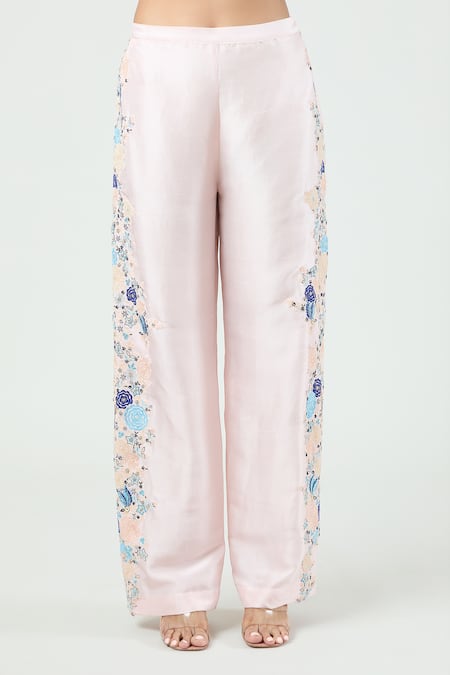 Anamika Khanna_Pink Silk Embroidery Round Neck Floral Cape Pant Set_Online_at_Aza_Fashions