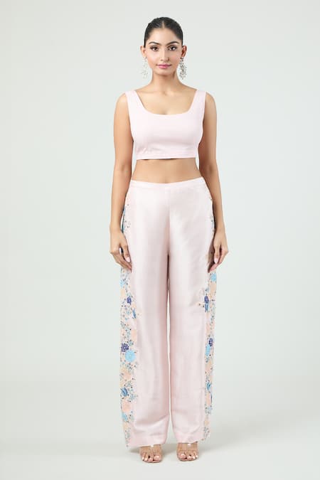 Shop_Anamika Khanna_Pink Silk Embroidery Round Neck Floral Cape Pant Set_Online_at_Aza_Fashions