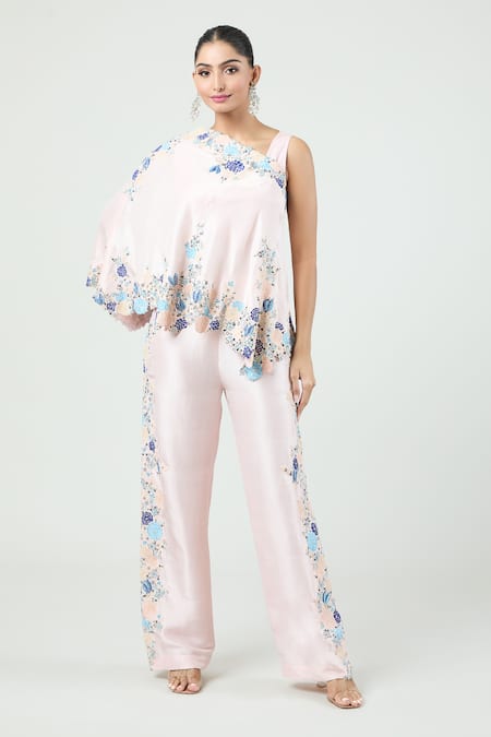 Anamika Khanna_Pink Silk Embroidery Round Neck Floral Cape Pant Set_at_Aza_Fashions