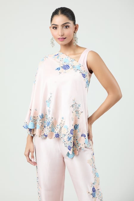 Buy_Anamika Khanna_Pink Silk Embroidery Round Neck Floral Cape Pant Set