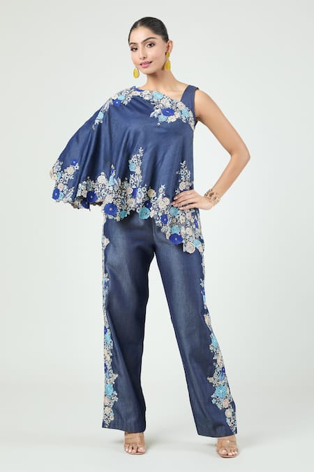 Anamika Khanna Blue Denim Embroidered Floral Cape One Shoulder And Pant Set 