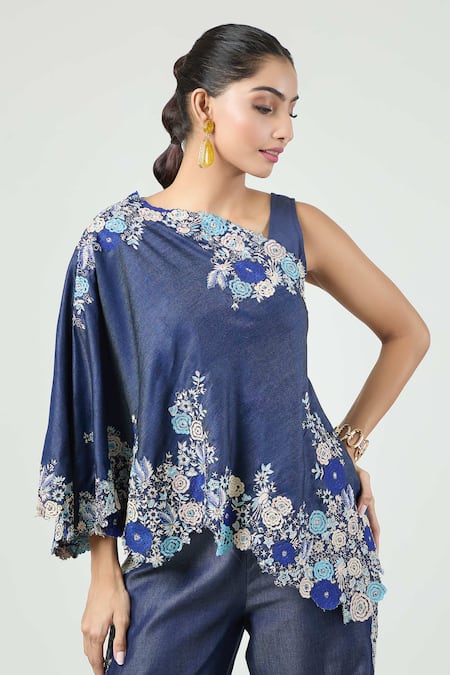 Buy_Anamika Khanna_Blue Denim Embroidery Round Neck Floral Cape And Pant Set_Online_at_Aza_Fashions