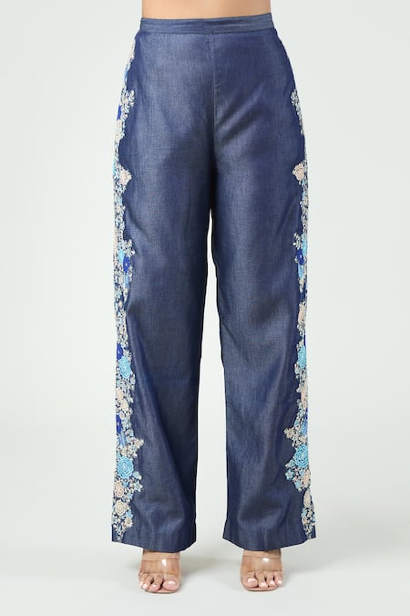 Anamika Khanna_Blue Denim Embroidery Round Neck Floral Cape And Pant Set_at_Aza_Fashions