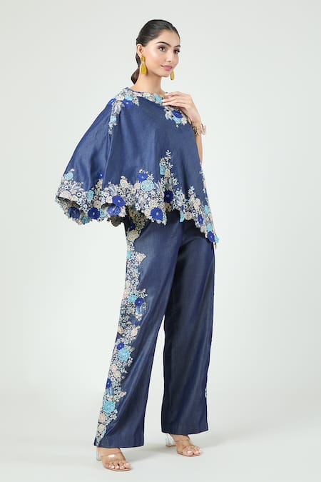 Buy_Anamika Khanna_Blue Denim Embroidery Round Neck Floral Cape And Pant Set