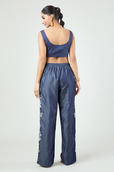 Shop_Anamika Khanna_Blue Denim Embroidery Round Neck Floral Cape And Pant Set
