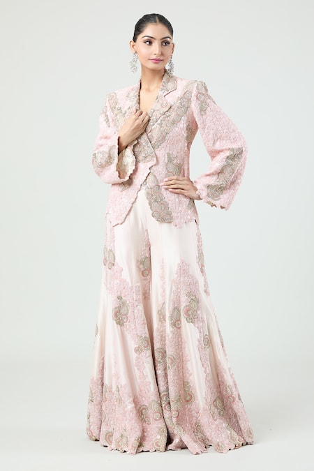 Anamika Khanna Pink Embroidered Floral Notched Lapel Jacket And Gharara Set 