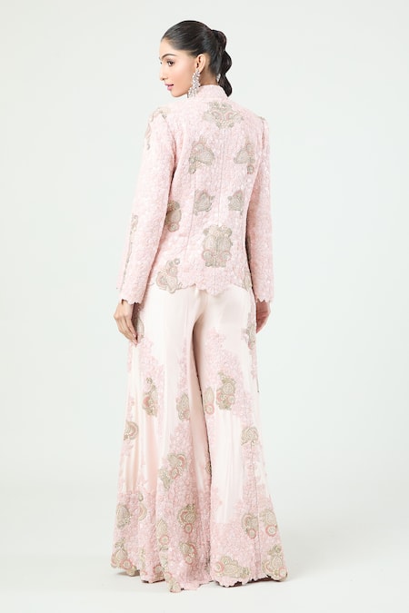 Shop Anamika Khanna Pink Georgette Embroidery Collared Floral Jacket And Gharara Set at Aza Fashions Shop_Anamika Khanna_Pink Georgette Embroidery Collared Floral Jacket And Gharara Set_at_Aza_Fashions