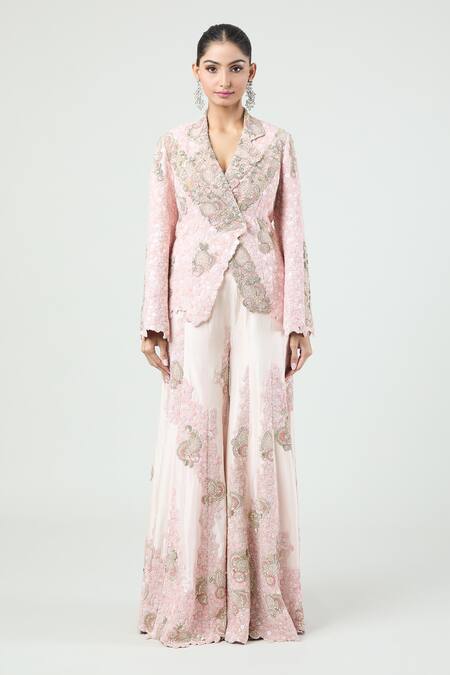 Anamika Khanna Pink Georgette Embroidery Collared Floral Jacket And Gharara Set Online at Aza Fashions Anamika Khanna_Pink Georgette Embroidery Collared Floral Jacket And Gharara Set_Online_at_Aza_Fashions