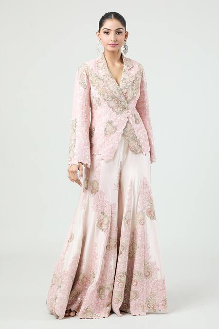 Buy Anamika Khanna Pink Georgette Embroidery Collared Floral Jacket And Gharara Set Online at Aza Fashions Buy_Anamika Khanna_Pink Georgette Embroidery Collared Floral Jacket And Gharara Set_Online_at_Aza_Fashions