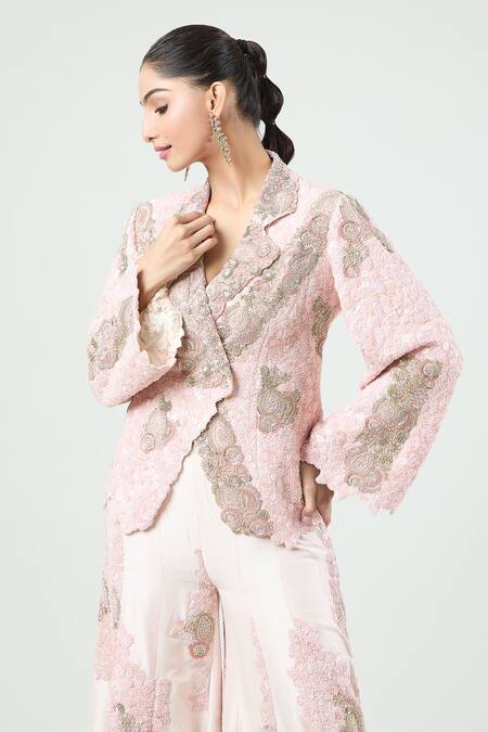 Shop Anamika Khanna Pink Georgette Embroidery Collared Floral Jacket And Gharara Set Online at Aza Fashions Shop_Anamika Khanna_Pink Georgette Embroidery Collared Floral Jacket And Gharara Set_Online_at_Aza_Fashions