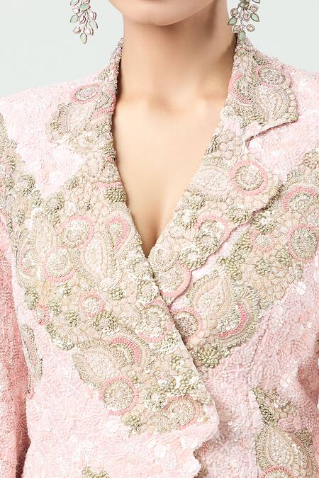 Anamika Khanna Pink Georgette Embroidery Collared Floral Jacket And Gharara Set at Aza Fashions Anamika Khanna_Pink Georgette Embroidery Collared Floral Jacket And Gharara Set_at_Aza_Fashions