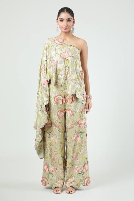 Anamika Khanna Green One Shoulder 3d Floral Embroidered Cape And Pant Set Online at Aza Fashions Anamika Khanna_Green One Shoulder 3d Floral Embroidered Cape And Pant Set_Online_at_Aza_Fashions