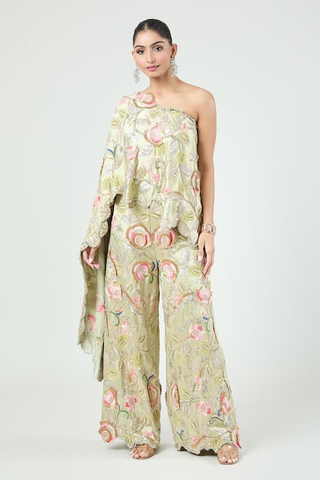 Shop Anamika Khanna Green One Shoulder 3d Floral Embroidered Cape And Pant Set Online at Aza Fashions Shop_Anamika Khanna_Green One Shoulder 3d Floral Embroidered Cape And Pant Set_Online_at_Aza_Fashions