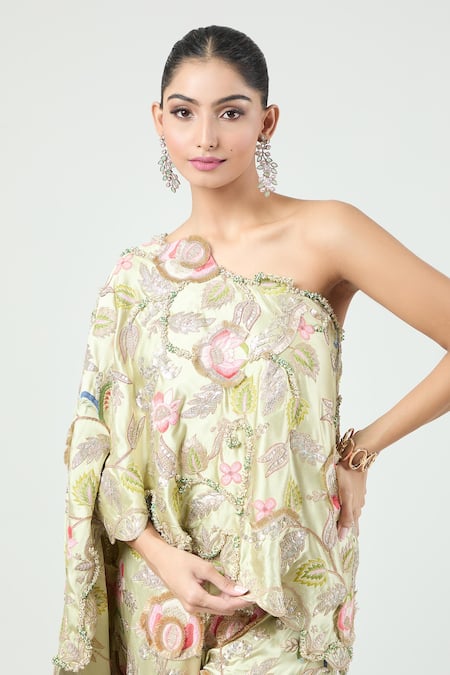 Anamika Khanna Green One Shoulder 3d Floral Embroidered Cape And Pant Set at Aza Fashions Anamika Khanna_Green One Shoulder 3d Floral Embroidered Cape And Pant Set_at_Aza_Fashions