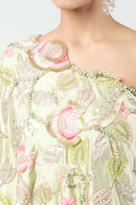 Buy Anamika Khanna Green One Shoulder 3d Floral Embroidered Cape And Pant Set Buy_Anamika Khanna_Green One Shoulder 3d Floral Embroidered Cape And Pant Set