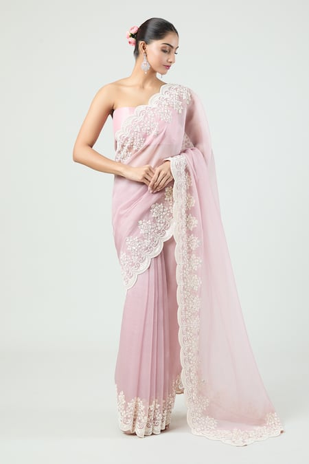 Anushree Reddy_Pink Organza Pearls Lihaaaz Scalloped Saree With Unstitched Blouse Piece _Online_at_Aza_Fashions