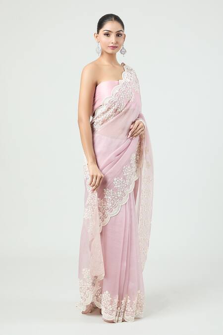 Buy_Anushree Reddy_Pink Organza Pearls Lihaaaz Scalloped Saree With Unstitched Blouse Piece _Online_at_Aza_Fashions