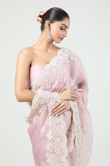 Shop_Anushree Reddy_Pink Organza Pearls Lihaaaz Scalloped Saree With Unstitched Blouse Piece _Online_at_Aza_Fashions