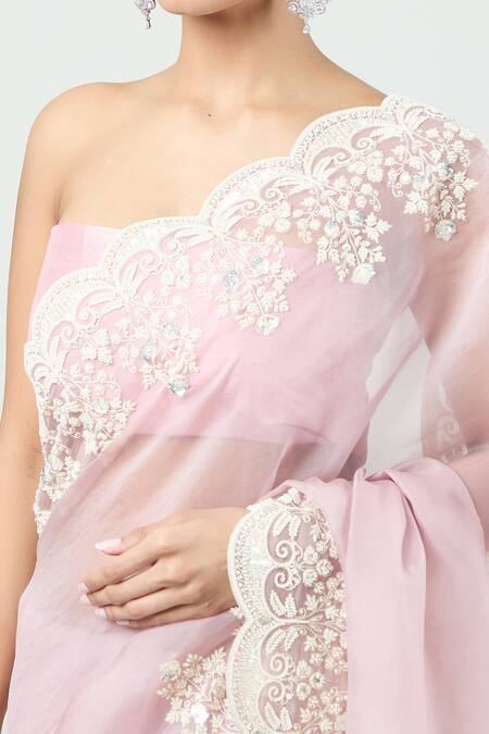 Anushree Reddy_Pink Organza Pearls Lihaaaz Scalloped Saree With Unstitched Blouse Piece _at_Aza_Fashions