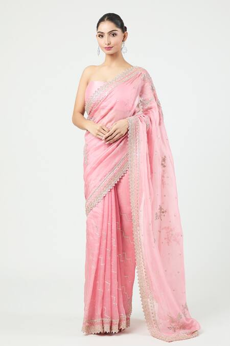 Anushree Reddy_Coral Organza Sequins, Zari Zig Zag Bordered Saree With Unstitched Blouse Piece_Online_at_Aza_Fashions