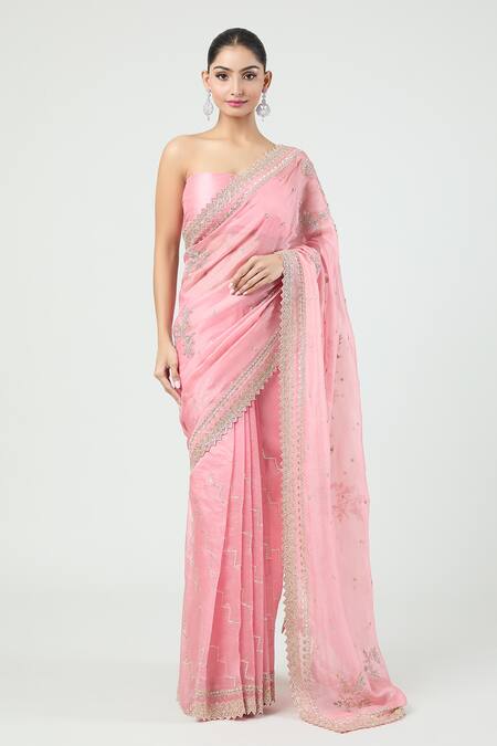 Buy_Anushree Reddy_Coral Organza Sequins, Zari Zig Zag Bordered Saree With Unstitched Blouse Piece_Online_at_Aza_Fashions