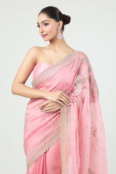 Shop_Anushree Reddy_Coral Organza Sequins, Zari Zig Zag Bordered Saree With Unstitched Blouse Piece_Online_at_Aza_Fashions