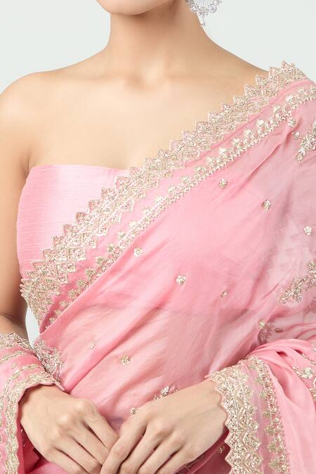 Anushree Reddy_Coral Organza Sequins, Zari Zig Zag Bordered Saree With Unstitched Blouse Piece_at_Aza_Fashions