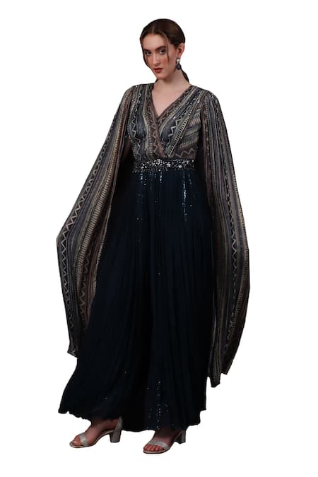 Buy Sayisha Blue Chinon Hand Embroidered Beads V Neck Jumpsuit Buy_Sayisha_Blue Chinon Hand Embroidered Beads V Neck Jumpsuit