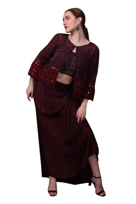 Shop Sayisha Maroon Crepe Hand Embroidered Sequins Jacket Front Open Draped Skirt Set With Online at Aza Fashions Shop_Sayisha_Maroon Crepe Hand Embroidered Sequins Jacket Front Open Draped Skirt Set With _Online_at_Aza_Fashions