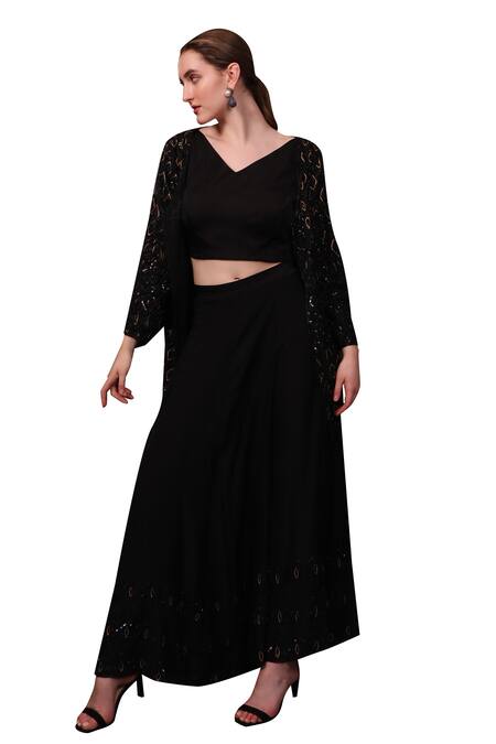 Buy Sayisha Black Crepe Hand Embroidered Sequins Jacket Front Open Skirt Set With Buy_Sayisha_Black Crepe Hand Embroidered Sequins Jacket Front Open Skirt Set With