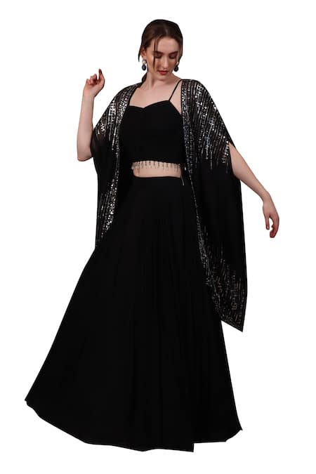Buy Sayisha Black Chiffon Sequins, Beads Sweetheart Neck Hem Embroidered Blouse Lehenga Set Buy_Sayisha_Black Chiffon Sequins, Beads Sweetheart Neck Hem Embroidered Blouse Lehenga Set