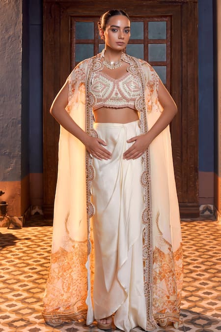 Ankur J Cream Habutai Silk Embroidered Zardozi Scallop Cape With Draped Skirt Set 