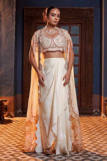 Ankur J_Cream Silk Embroidery, Zari V-neck Scallop Cape With Draped Skirt Set _Online_at_Aza_Fashions