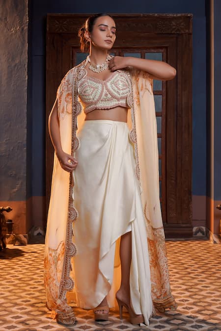Buy_Ankur J_Cream Silk Embroidery, Zari V-neck Scallop Cape With Draped Skirt Set _Online_at_Aza_Fashions