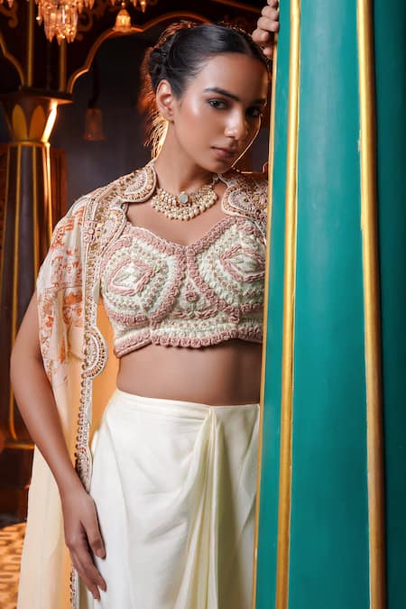 Ankur J_Cream Silk Embroidery, Zari V-neck Scallop Cape With Draped Skirt Set _at_Aza_Fashions
