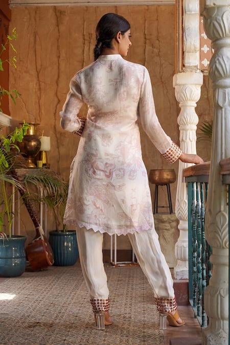 Shop_Ankur J_Ivory Habutai Silk Embroidered Metallic Floral Print Straight Kurta With Pant _at_Aza_Fashions