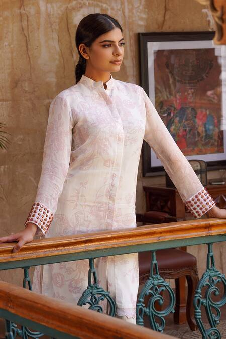 Ankur J_Ivory Habutai Silk Embroidered Metallic Floral Print Straight Kurta With Pant _Online_at_Aza_Fashions